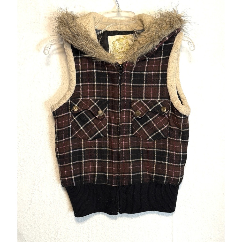 Wet Seal Plaid  Hooded Flannel Vest Womens Size M Cabin Country Y2K Grunge Lodge